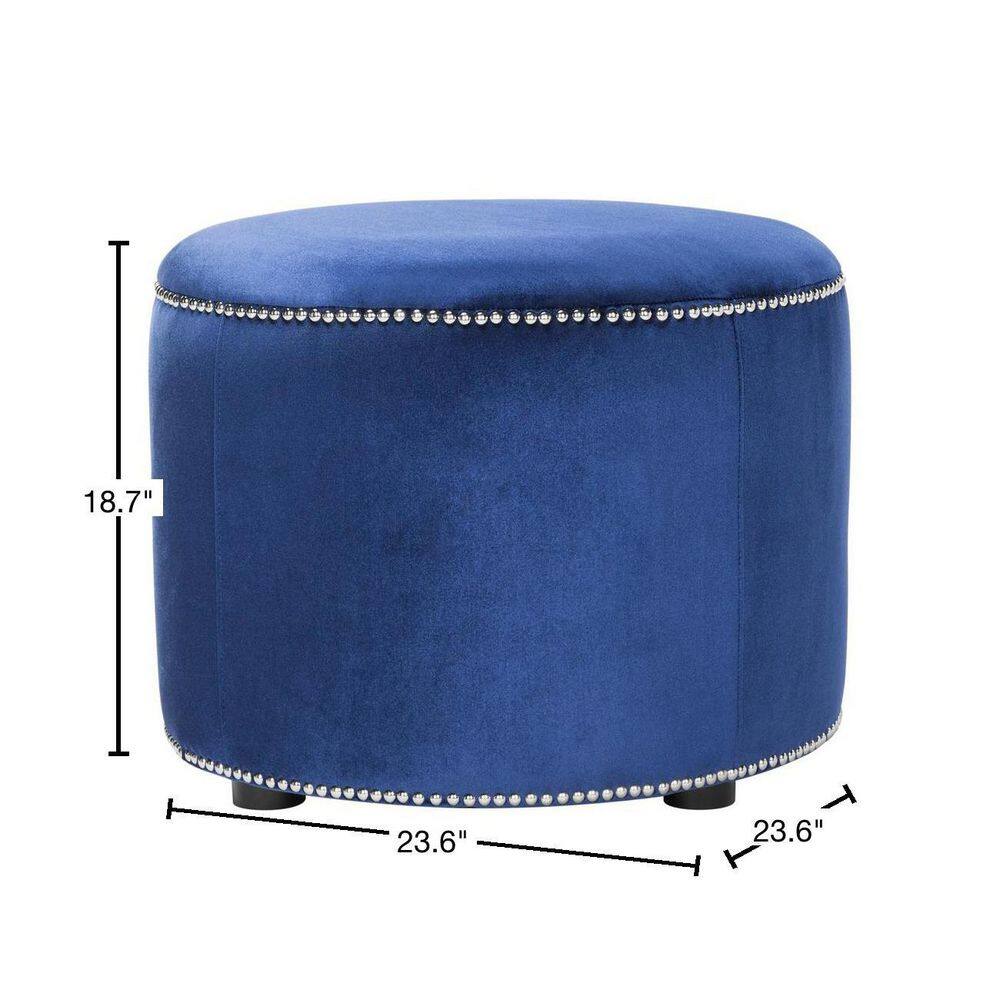 Transitional Royal Blue Velvet Round Ottoman with Nailhead Trim