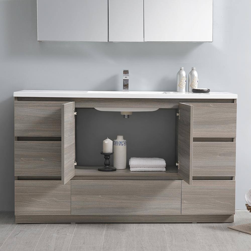 Modern 59'' Gray Acrylic Single Sink Vanity Set with Medicine Cabinet