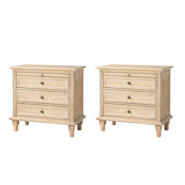 Julia Natural 27 in. H Traditional 3-Drawer Solid Wood Legs Nightstand with Charging Station Set of 2