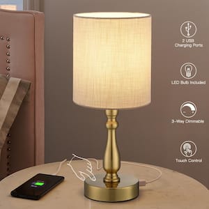 16.5 in. Brass Touch Control 3-Way Table Lamp with 2 USB Ports, 4-Watt LED Bulb Included