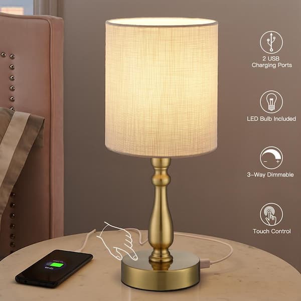 16.5 in. Brass Touch Control 3-Way Table Lamp with 2-USB Ports, 6-Watt LED Bulb Included
