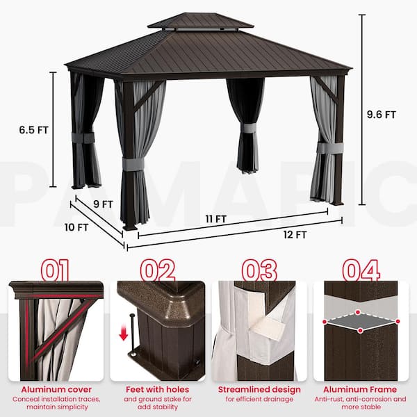 PamaPic 10 ft. x 12 ft. Brown Metal Hardtop Gazebo with Curtains