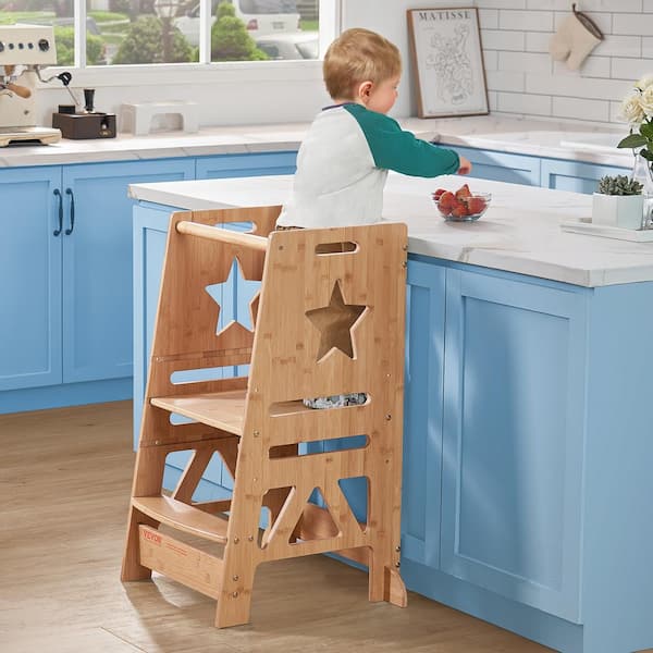 Tower Step Stool 350 lbs. Load 3-Level Height Bamboo Toddler Stool with Safety Rail for Kitchen Bathroom