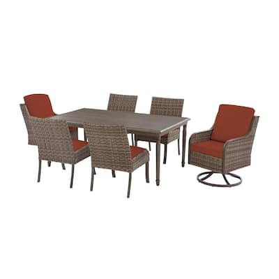 Windsor 7-Piece Brown Wicker Rectangular Outdoor Dining Set with CushionGuard Quarry Red Cushions