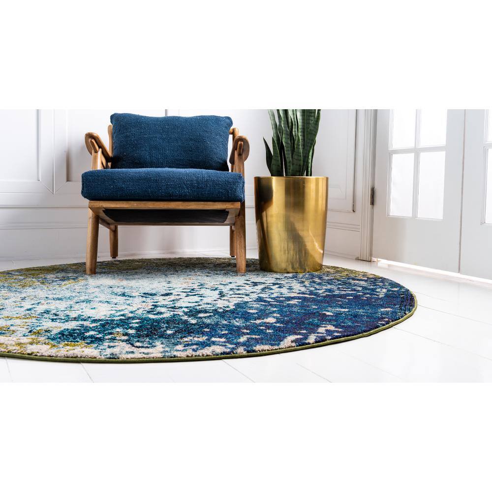 Round Blue Synthetic Easy Care Stain-Resistant Rug 6' x 6'