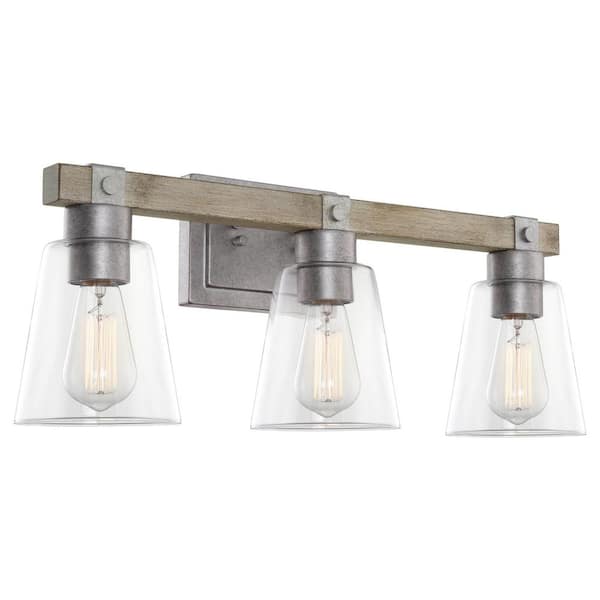 Kira Home Asher 22.75 in. 3-Lights Galvanized Steel with Bleached Oak Wood Style Farmhouse Bathroom Vanity Light