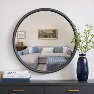 30 in. W x 30 in. H Modern Round Natural Solid Wood Matte Black Finish with Brushed Silver Details Framed Wall Mirror
