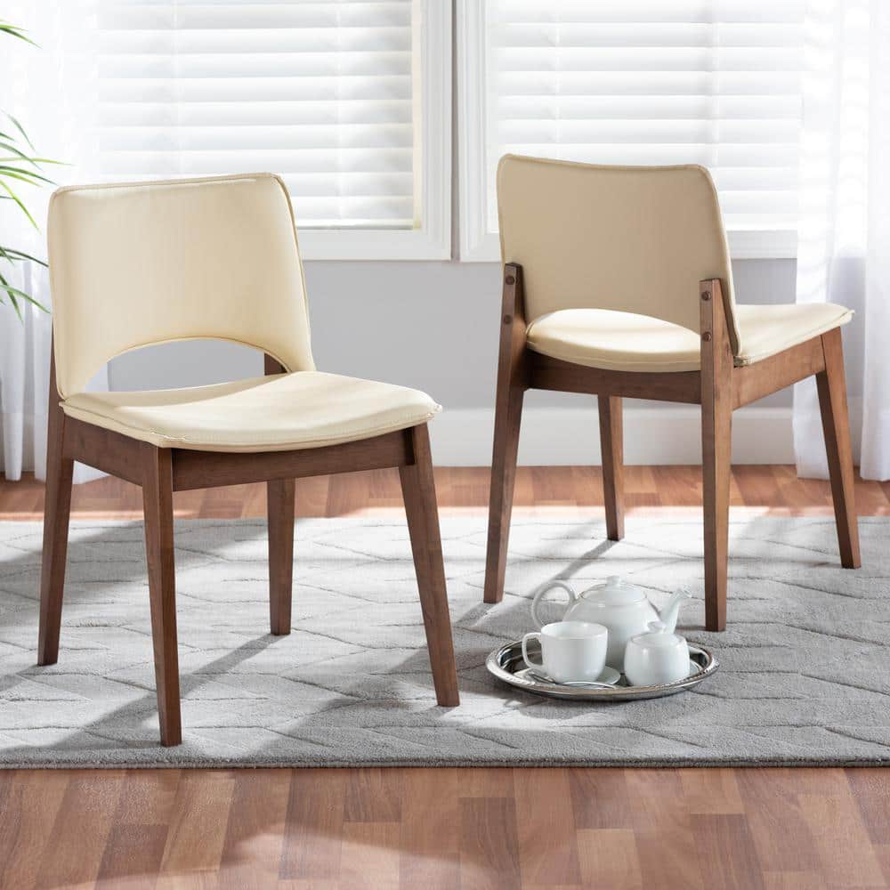 High Back Beige Faux Leather and Cane Wood Arm Chair