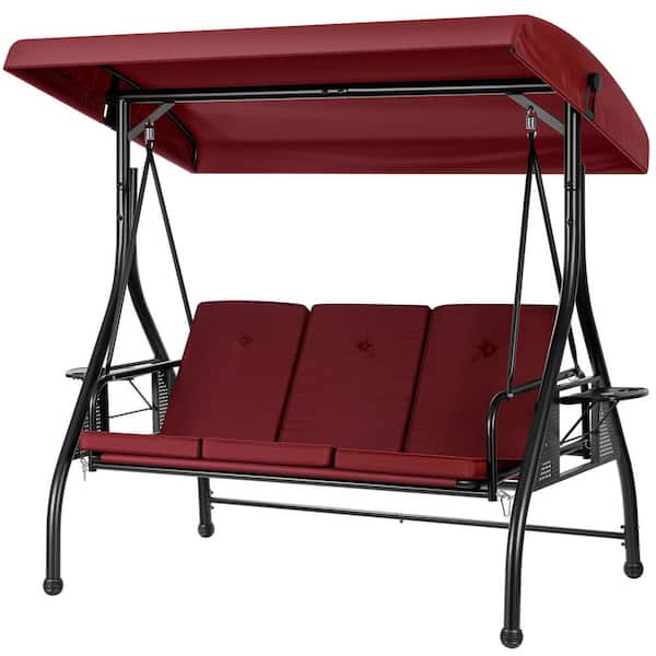 3-Person Steel Metal Outdoor Patio Swing with Canopy and Cushions in Wine Red