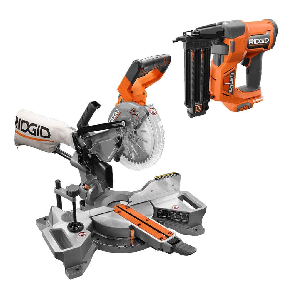 RIDGID 18V Brushless Cordless 2-Tool Combo Kit with 7-1/4 in. Sliding Miter  Saw and 18-Gauge 2-1/8 in. Brad Nailer (Tools Only) R48607B-R09891B The  Home Depot