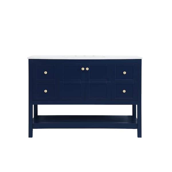 Unbranded Simply Living 48 in. Single Bathroom Vanity in Blue with Quartz Vanity Top in Calacatta White