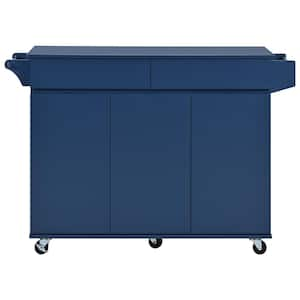 Navy Blue Wood 53.2 in. Kitchen Island on 5-Wheels with Drop Leaf, Spice Rack, Adjustable Shelves and 2-Drawers