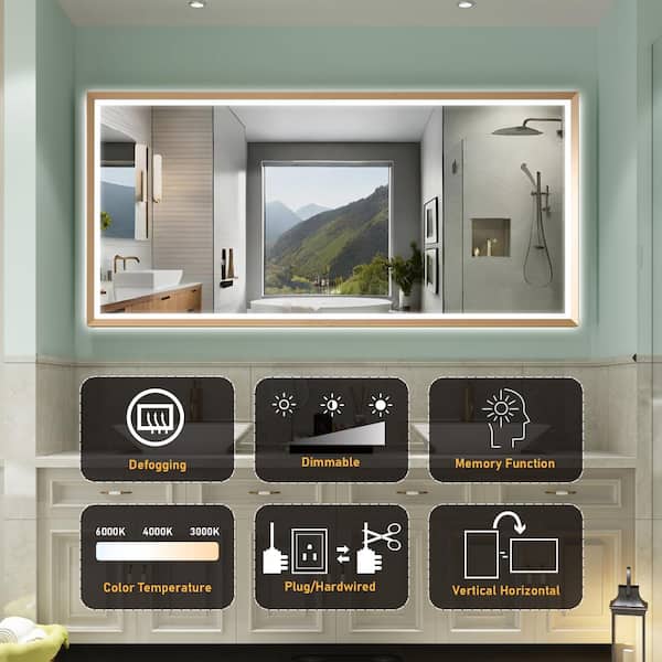 84 in. W x 40 in. H Large Rectangular Aluminum Framed Wall Bathroom Vanity Mirror in Brushed Gold, Backlight LED Mirror