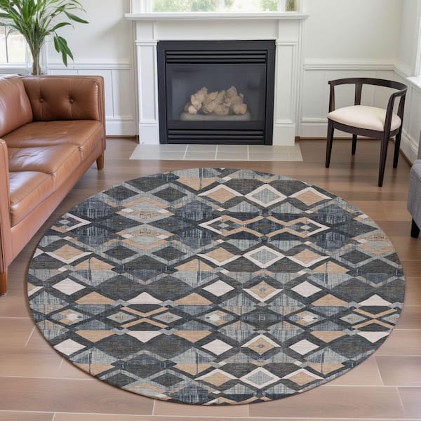 Mayfield Premium Machine Washable Abstract AMF1308 Graphite 8 ft. x 8 ft. Round Rug