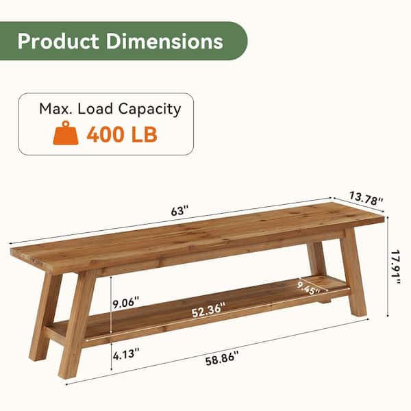 17.91 in. H x 63 in. W Brown Solid Wood Shoe Storage Bench, Farmhouse Eentryway Bench with Shoe Storage Shelf