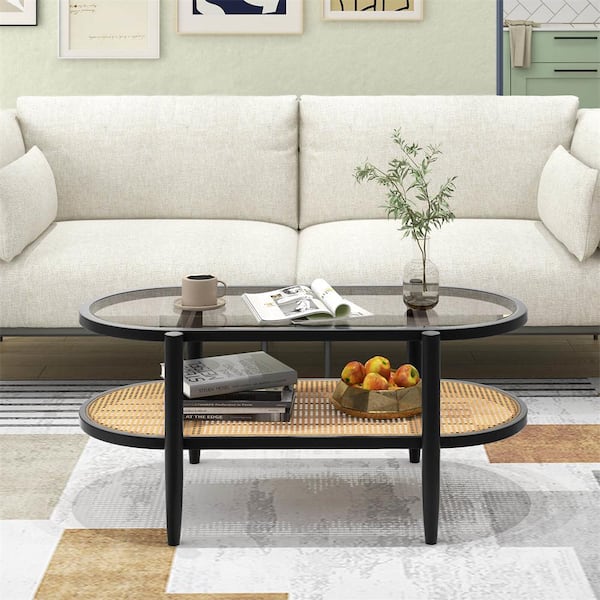 Costway 40 in. Black Oval Tempered Glass Top 2-Tier Coffee Table with PE Rattan Shelf and Acacia Wood Frame