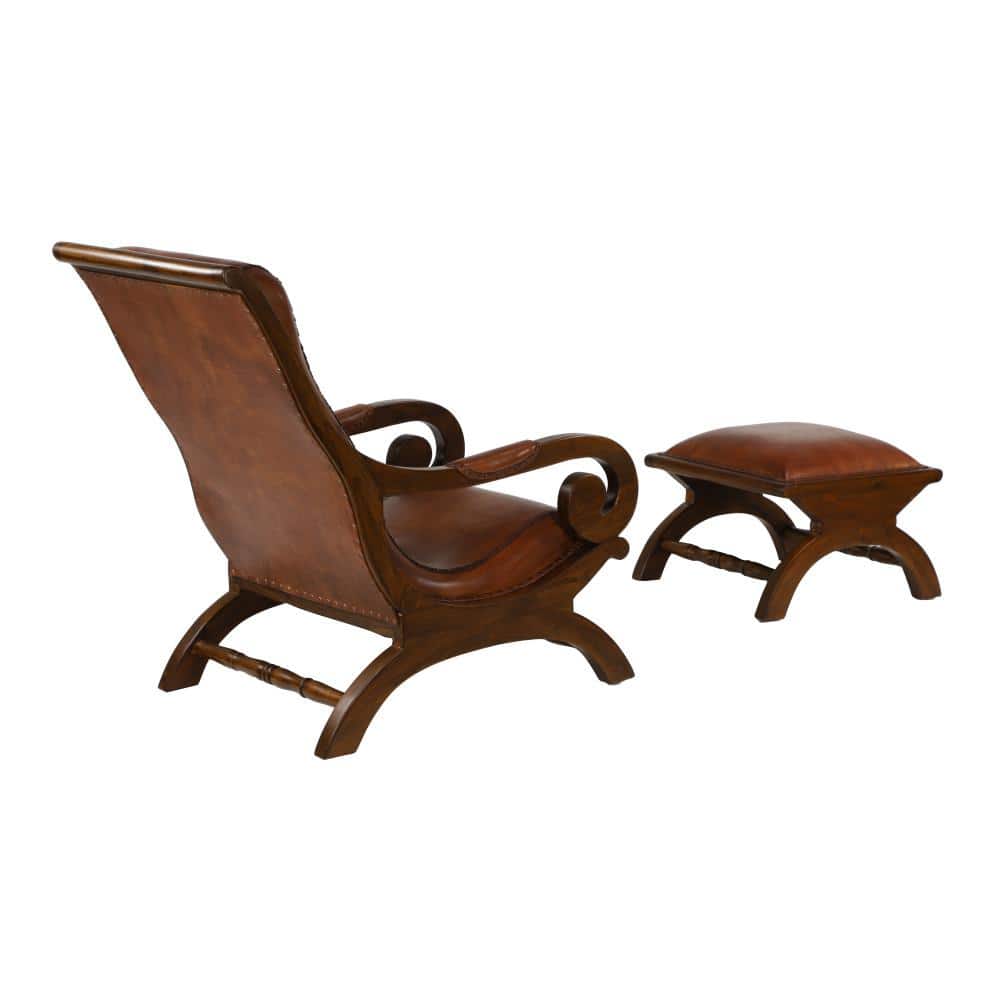 Handcrafted Brown Leather and Teak Wood Accent Chair with Ottoman