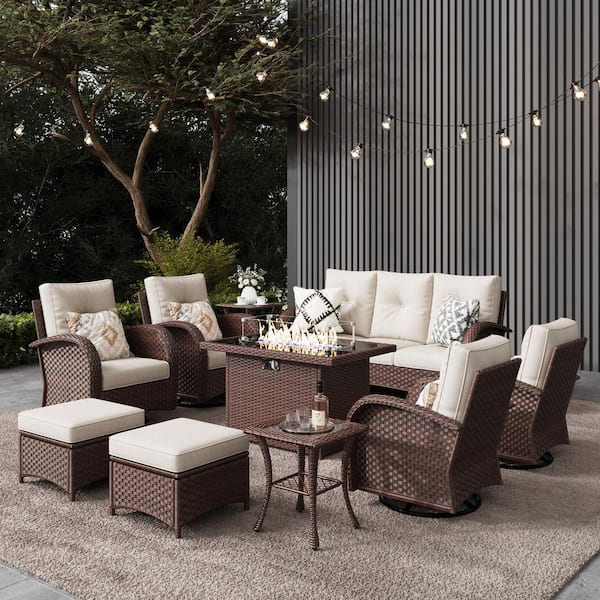 10-Pieces Wicker Swivel Outdoor Chairs Rectangle Fire Pit Patio Conversation Set with Beige Cushions
