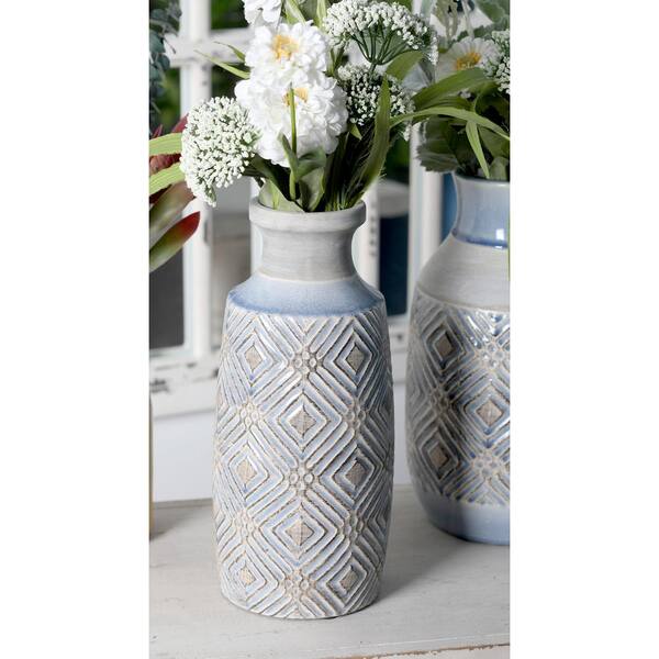 Litton Lane 13 in. Gray Ceramic Decorative Vase with Blue Woven Line Patterns