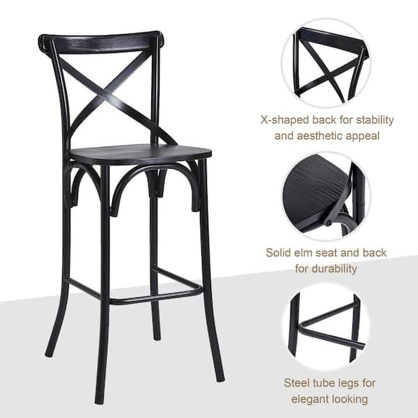 Glitzhome 43.00 in. H Black Steel Bar Stool with Solid Elm Wood