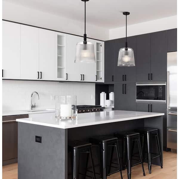 Grayson 100-Watt 1-Light Matte Black Shaded Pendant Light with Clear Ribbed Glass Shade, No Bulbs Included