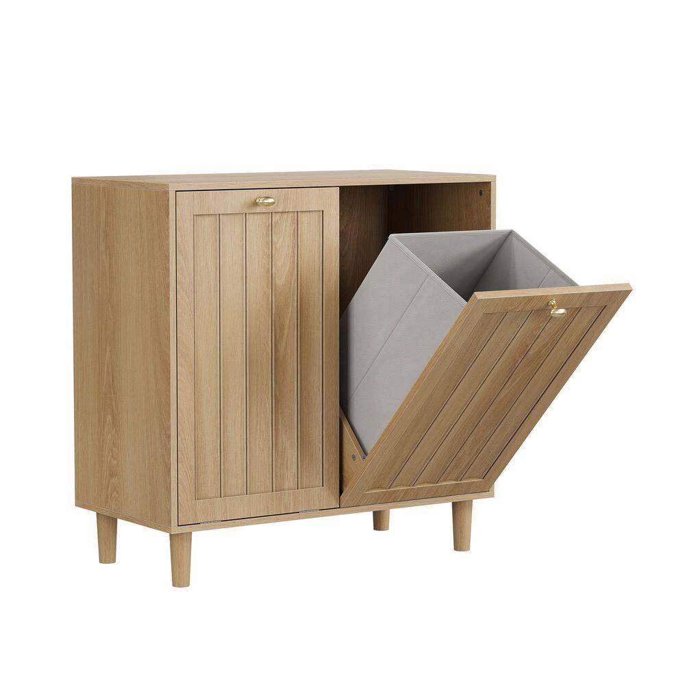 Oak 27.8 in. MDF Art Deco Mid-Century Modern Rectangle Tilt Out Freestanding Rectangular Laundry Room Hamper