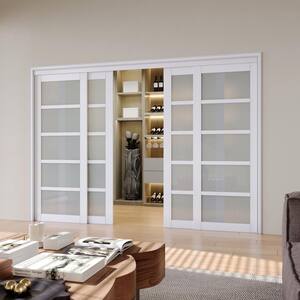 120 in. x 80 in. 5 Lites Frosted Glass White MDF Closet Sliding Door with Hardware Kit