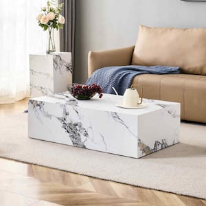 39.37 in. White Rectangle Faux Marble Coffee Table with Marble Pattern