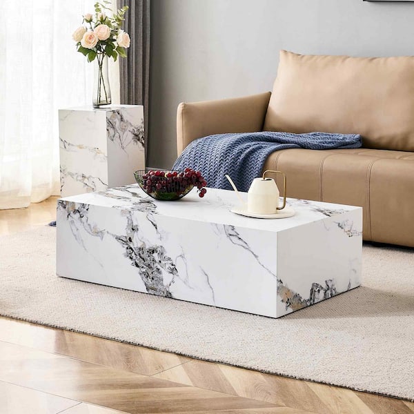 Polibi 39.37 in. White Rectangle Faux Marble Coffee Table with Marble Pattern