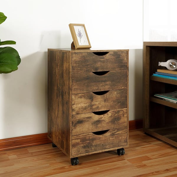 HOMESTOCK 5-Drawer Rustic Brown 26 in. H x 16 in. W x 16 in. D Wood Lateral File Storage Cabinet