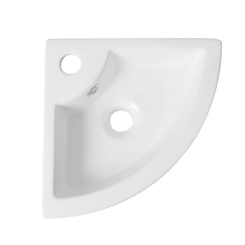 White Ceramic Wall-Mount Corner Bathroom Sink with Faucet Hole