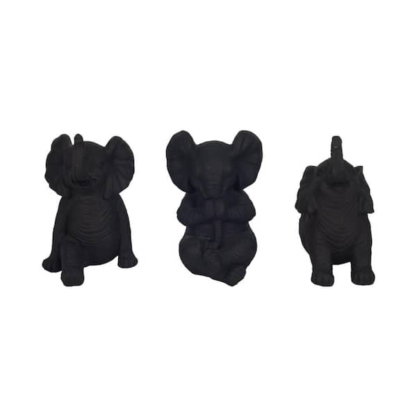 Liv & Skye 6 in. x 6 in. Black Resin Stone Look Yoga Posed Elephant (Set of 3)