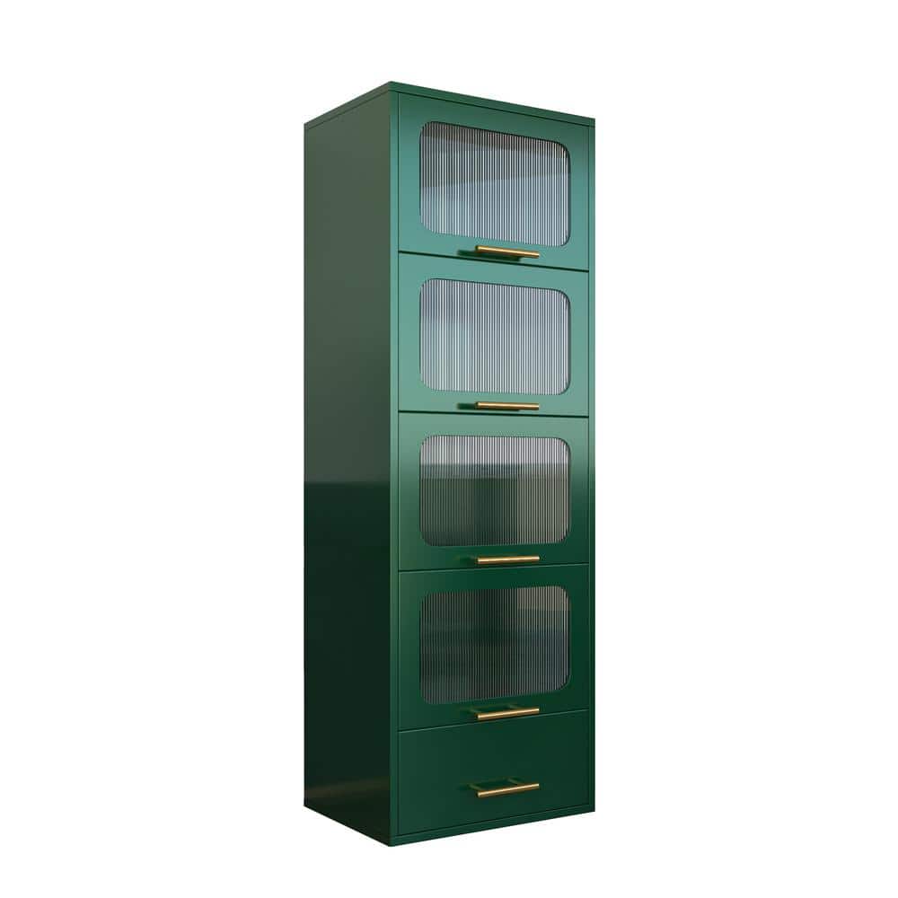 21.65 in. W x 15.75 in. D x 63.00 in. H Green Linen Cabinet with 4 Transpar