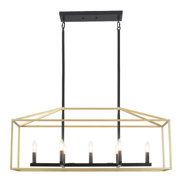 LWYTJO 37 in. 7-Light Black and Gold Modern Linear Kitchen Island Square/Rectangle Chandelier with Caged Metal Shade
