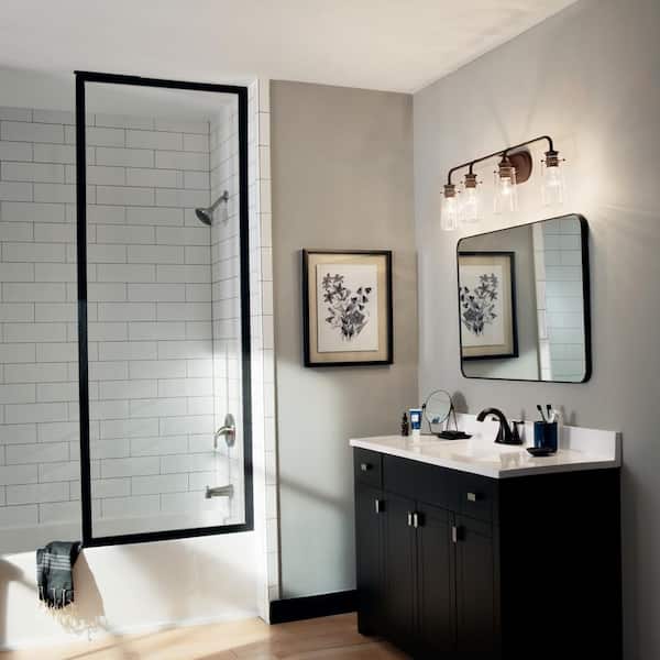 Braelyn 34.25 in. 4-Light Old Bronze Vintage Bathroom Vanity Light with Seeded Glass Shade