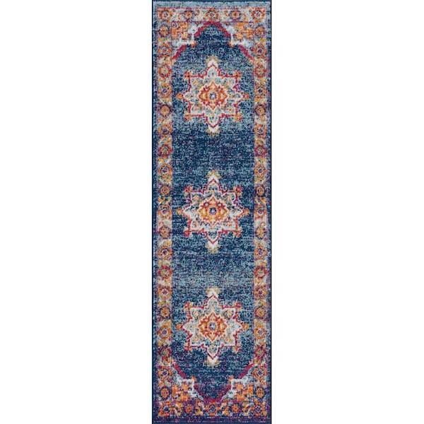 Tayse Rugs Diamond Medallion Blue 2 ft. x 8 ft. Indoor Runner Rug
