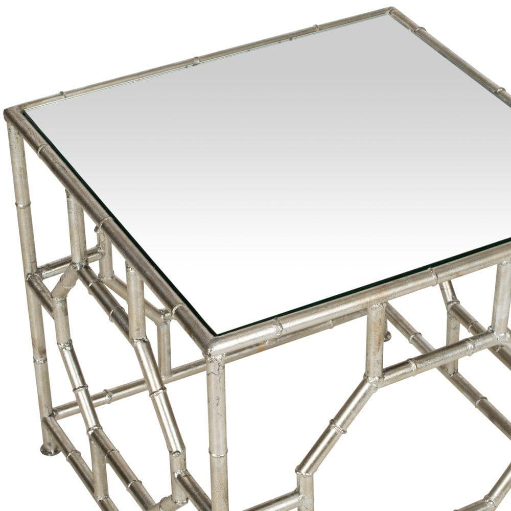 Chic Rory Silver Square Mirrored Accent Table with Faux Bamboo Base