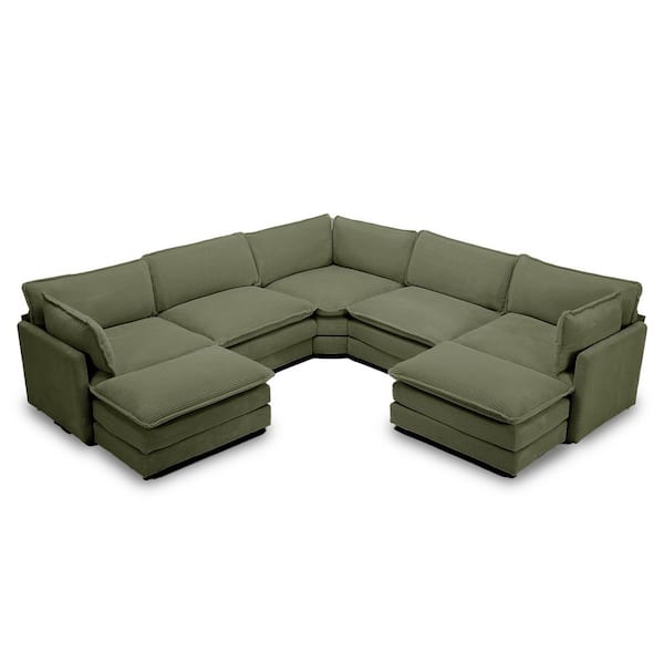 113.4 in. W 7-Piece Modern Corduroy Fabric Sectional Sofa with Ottoman in. Avocado Green