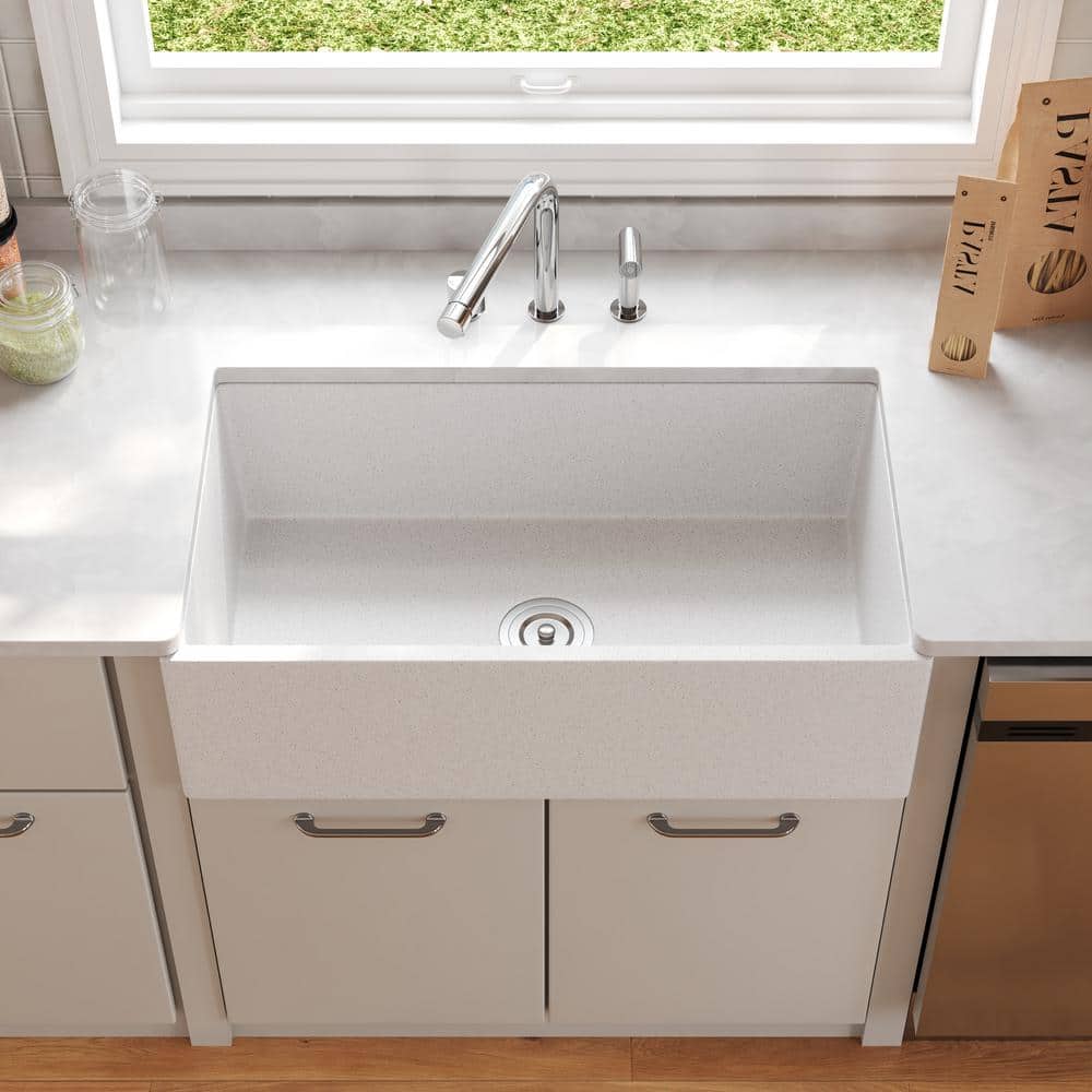 Gritty White Concrete Farmhouse Kitchen Sink with Stainless Steel Grid