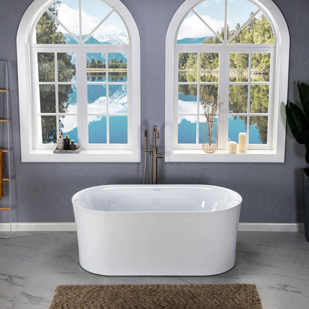 59'' White Acrylic Freestanding Air Soaking Bathtub with Brushed Gold Trim