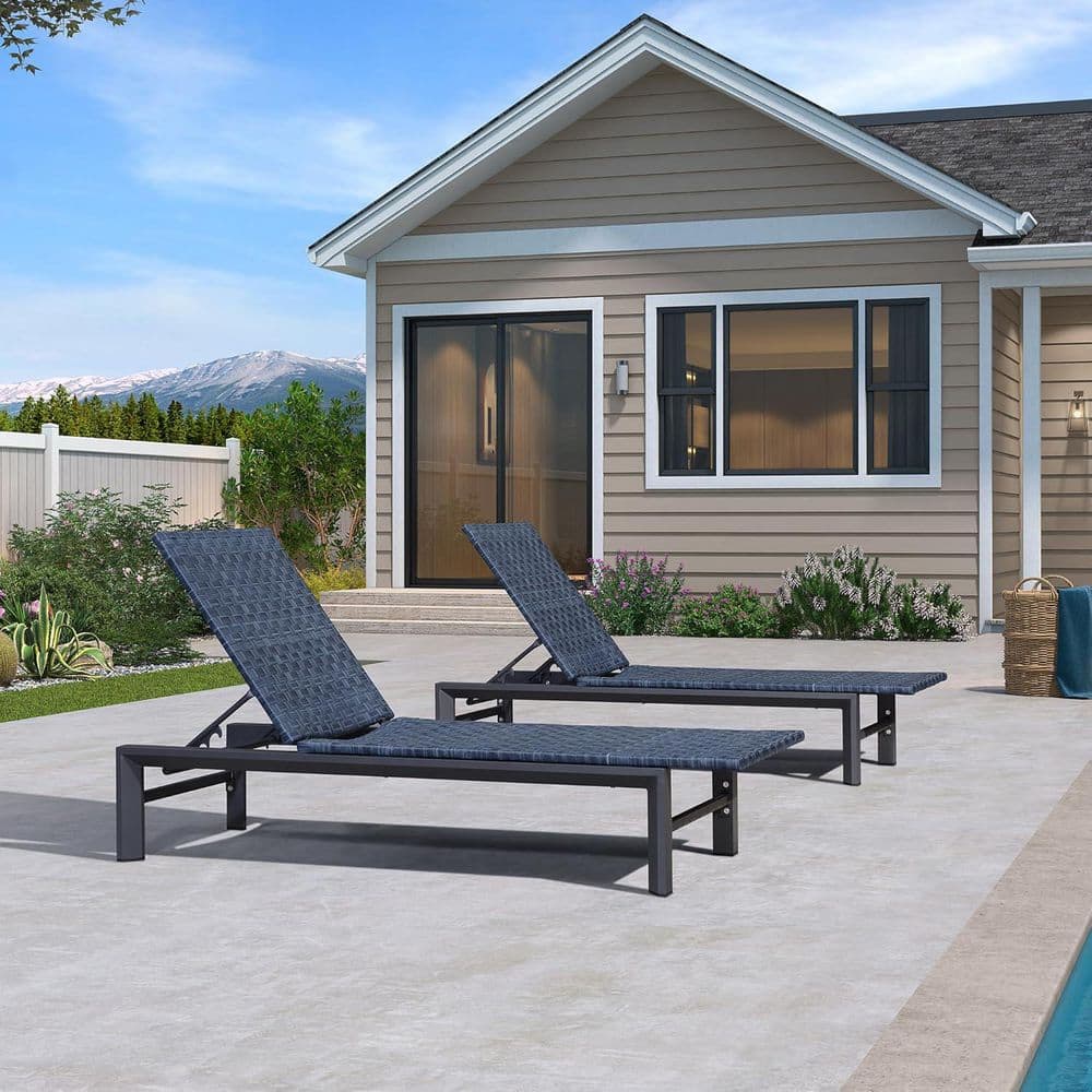 Patio Oversized Chaise Lounge Chair Set of 2 Outdoor Adjustable Recliner Wicker Lounger for Outside, Navy Blue price history on PriceWatchPro