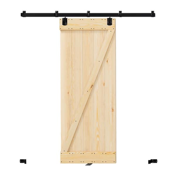 64 in. x 84 in. Z-Shaped Solid Pine Wood Light Brown Primed Exterior Assembly Required Barn Door with Hardware Kit