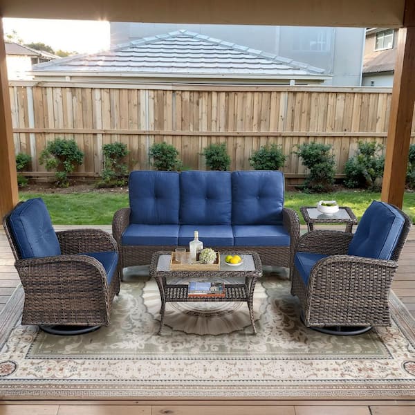 Brown 5-Piece Wicker Patio Conversation Set with Swivel Rockers, Outdoor Sofa Seating Set with Olefin Navy Blue Cushions