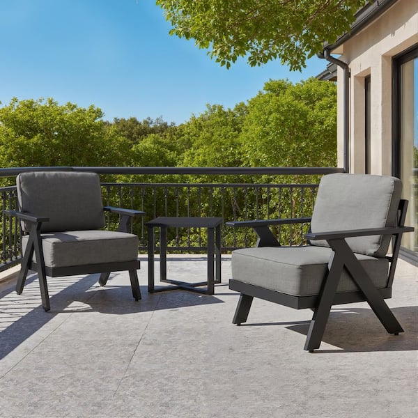 3-Piece Aluminum and Iron Outdoor Patio Conversation Set with Herringbone Armrests and Gray Teslin Mesh Cushions