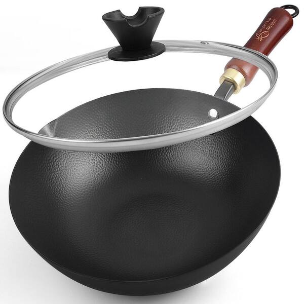 Large 10 in. Black Carbon Steel Induction Wok, Included Glass Lid and User Guide Video, No Teflon Coating