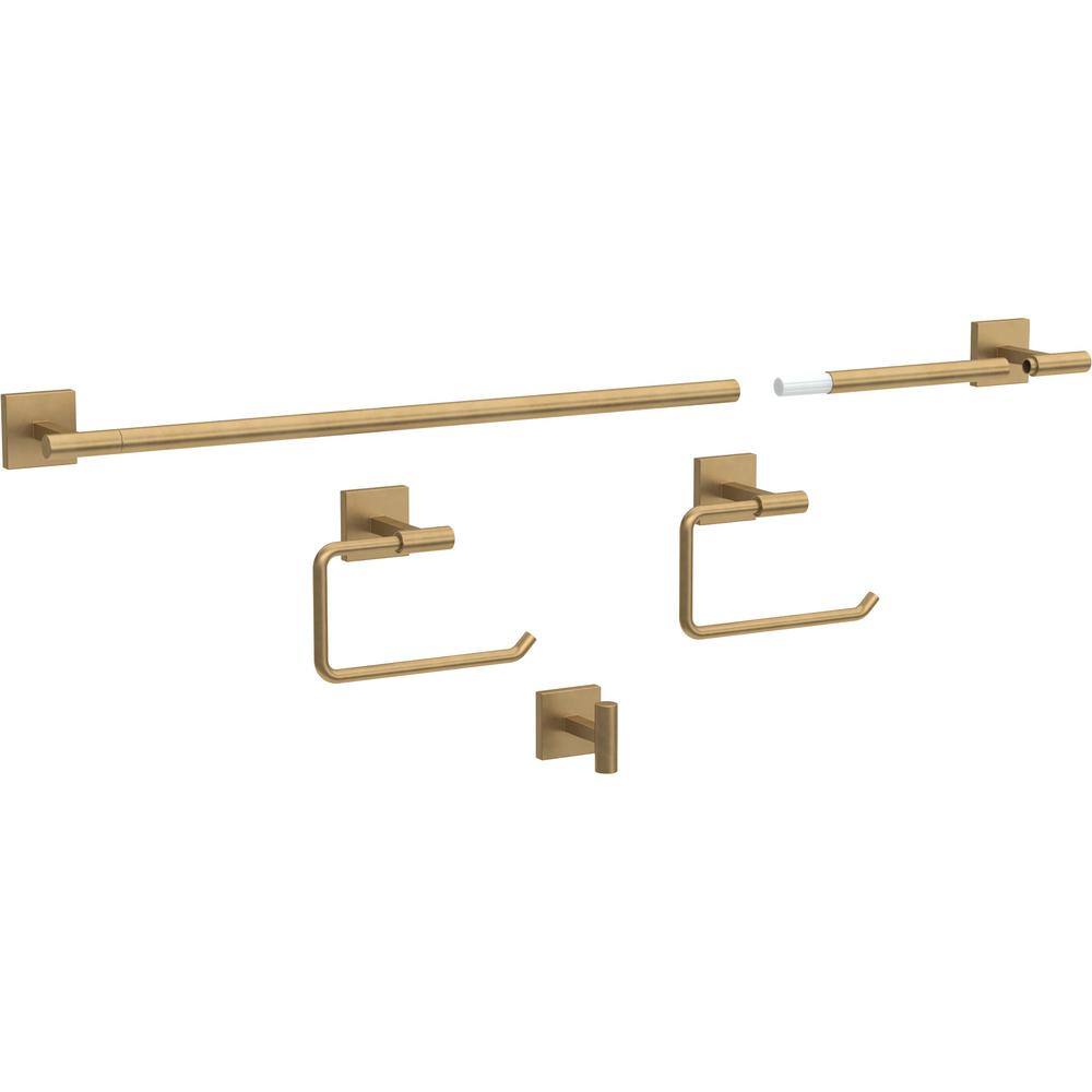 Franklin Brass Nash 4-Piece Bath Hardware Set 18 in. Towel Bar with Extender, Toilet Paper Holder Towel Holder Towel Hook in Satin Gold