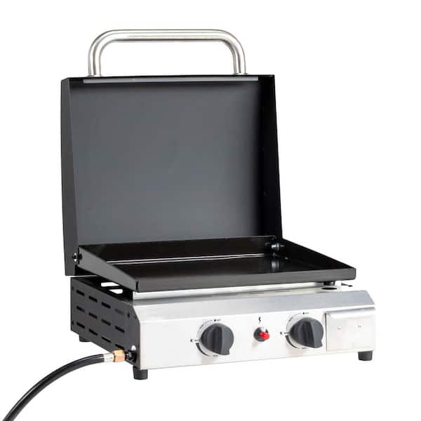 2 Burner 20,000 BTU Portable Propone Grill in Black Tabletop Flat Top Gas Grill with Cover
