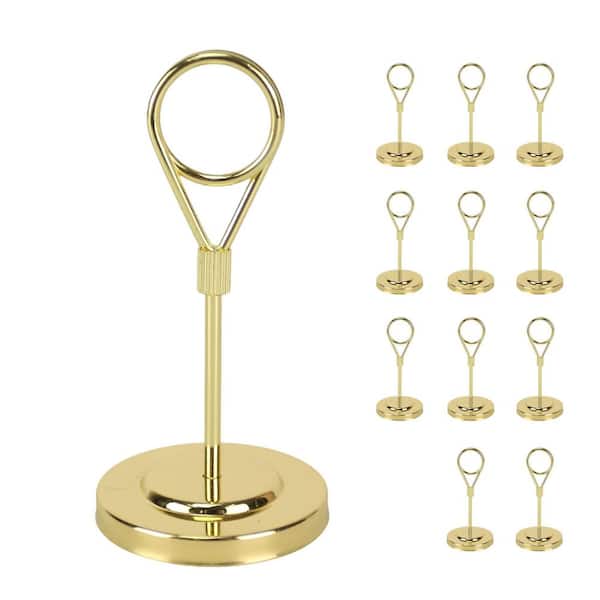 Afoxsos 2 in. x 4 in. Gold Round Alloy Steel Place Card Holders Set of 12-Pcs with Weighted Base Stand and Clip for Occasions