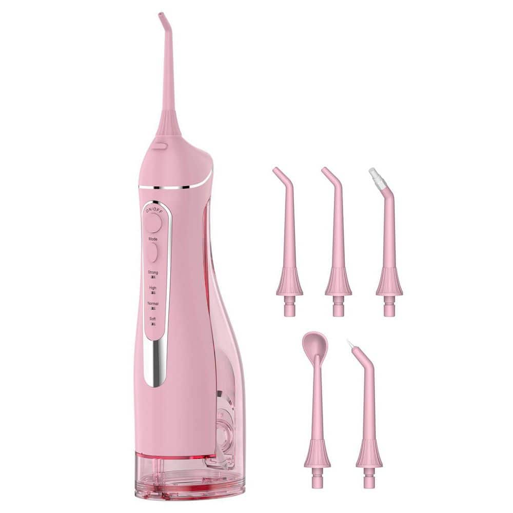 Portable Water Flosser with 300ML Tank, Oral Irrigator, 5 Tips, IPX7 Waterproof, Pink