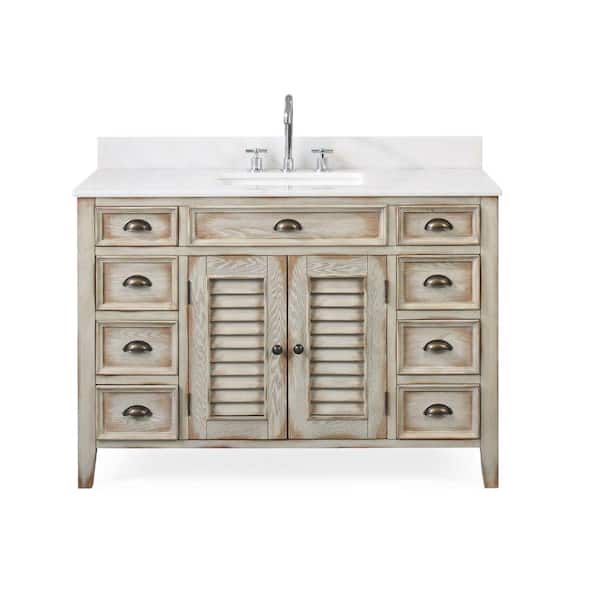 Benton Collection Abbeville 46.75 in. W x 21.75 in. D x 34 in. H Bathroom Vanity in Distressed Beige with White Marble Top